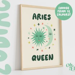 aries queen king, zodiac art print, astrology poster, star sign wall art, typographic print, retro illustration, aries e