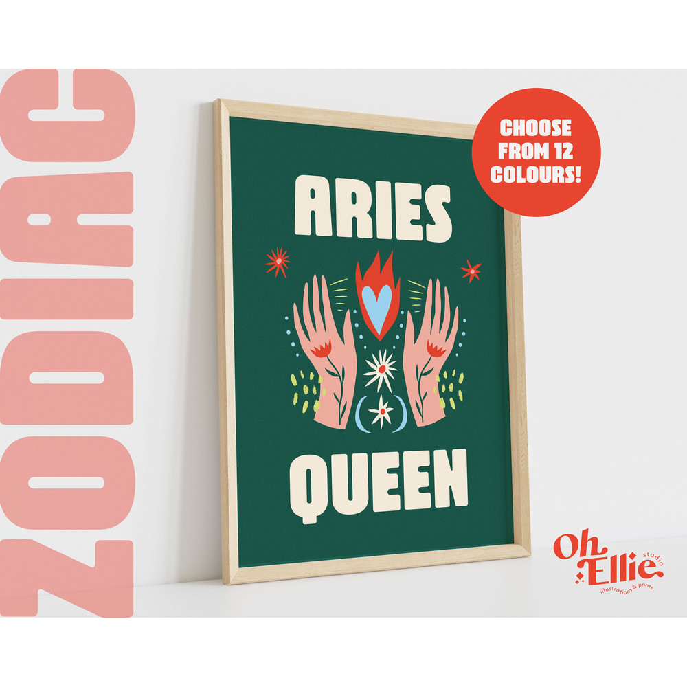 Aries Queen King, Zodiac Art Print, Astrology Poster, Star Sign Wall Art, Typographic Print, Retro Illustration, Aries Energy, Horoscope 2.jpg