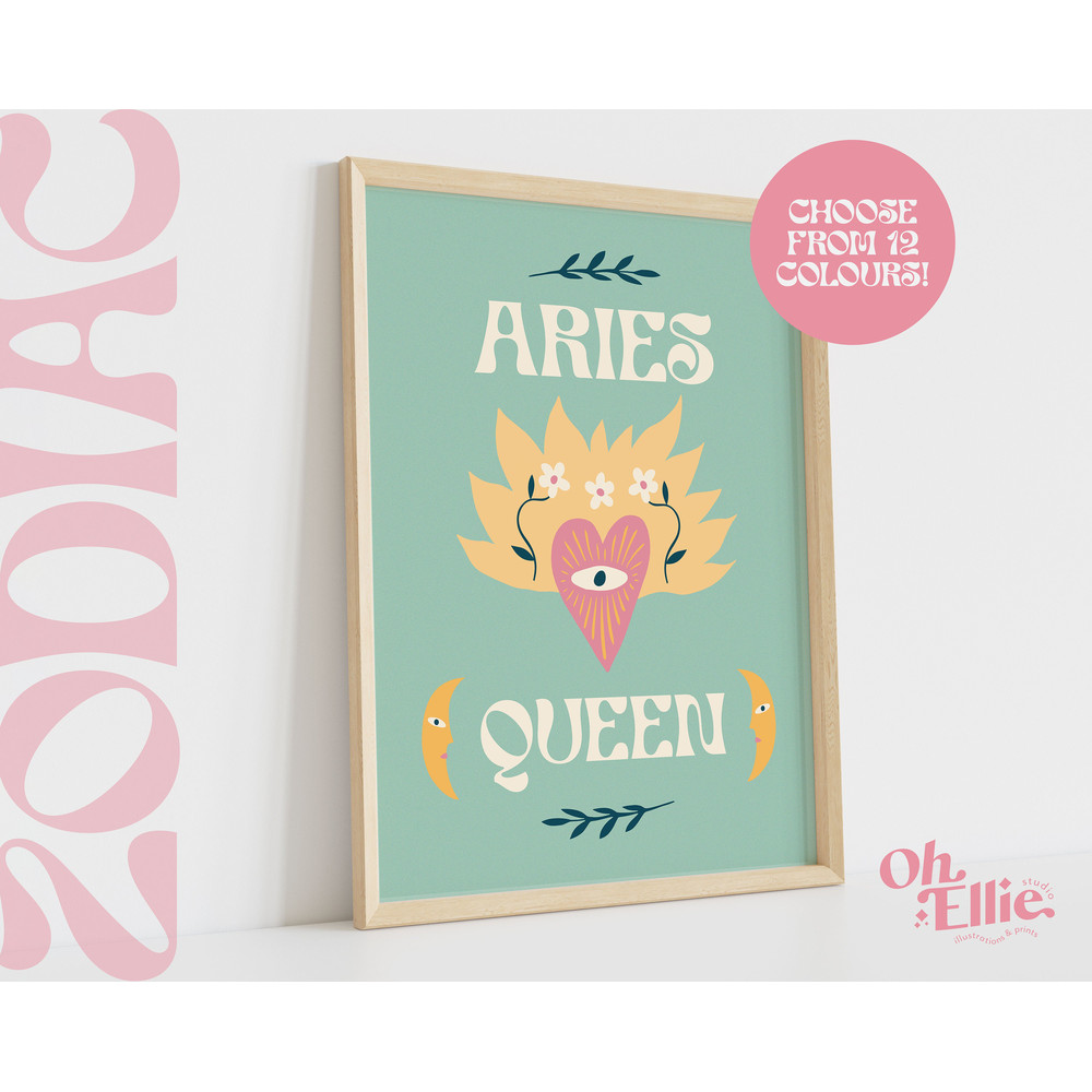 Aries Queen King, Zodiac Art Print, Astrology Poster, Star Sign Wall Art, Typographic Print, Retro Illustration, Aries Energy, Horoscope 3.jpg