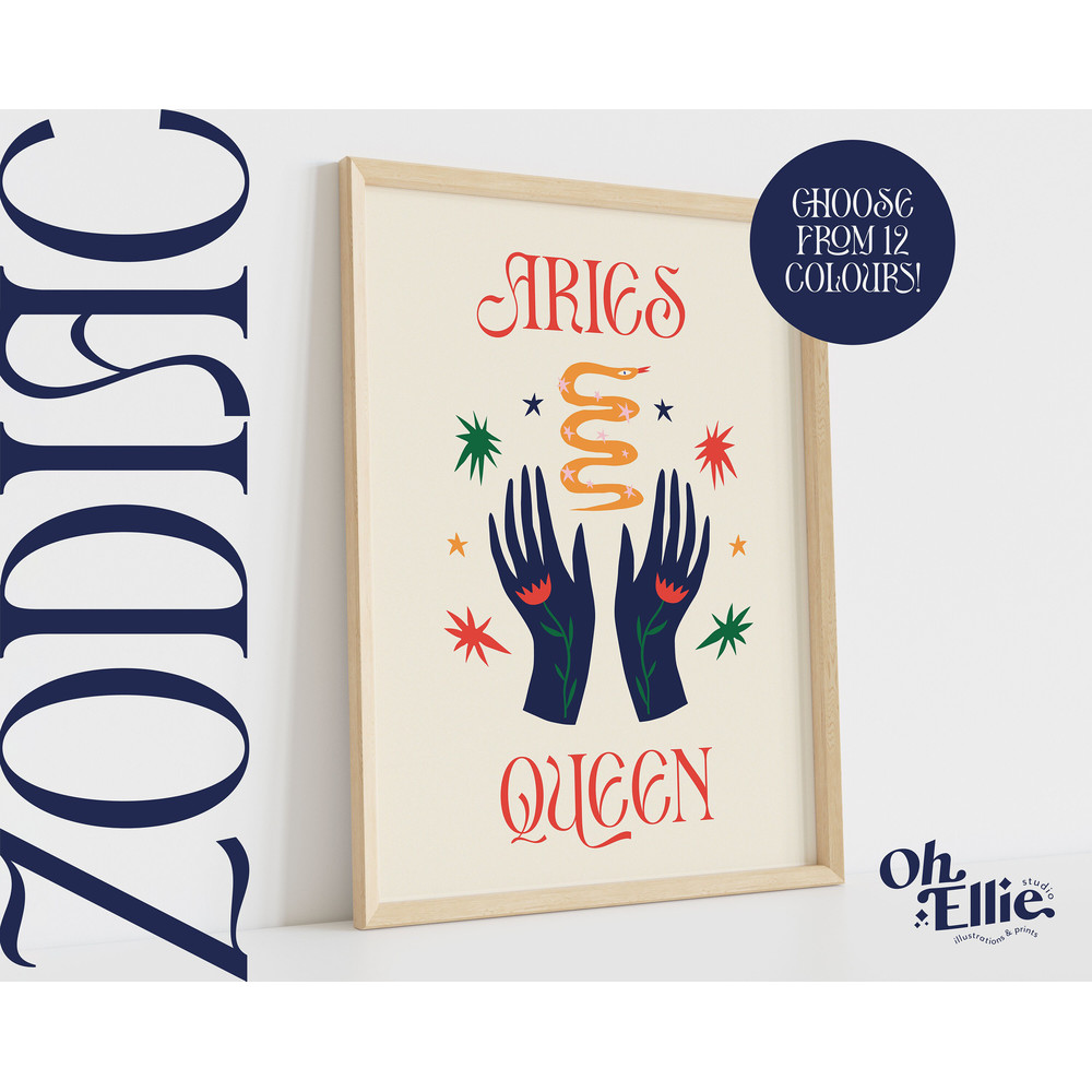 Aries Queen King, Zodiac Art Print, Astrology Poster, Star Sign Wall Art, Typographic Print, Retro Illustration, Aries Energy, Horoscope.jpg