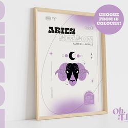 aries season zodiac art print, astrology poster, zodiac star sign wall art, typographic print, retro illustration, birth