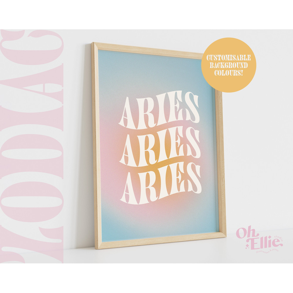 Aries Zodiac Art Print, Astrology Poster, Zodiac Star Sign Wall Art, Typographic Print, Retro Illustration, Birthday Gift, Horoscope Decor.jpg