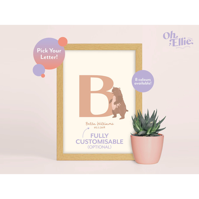 Bear Initial Baby Nursery Print, Bear Nursery Decor, Children's Bear Print, Personalised New Baby Print, Bear Illustration, Baby Name Letter.jpg