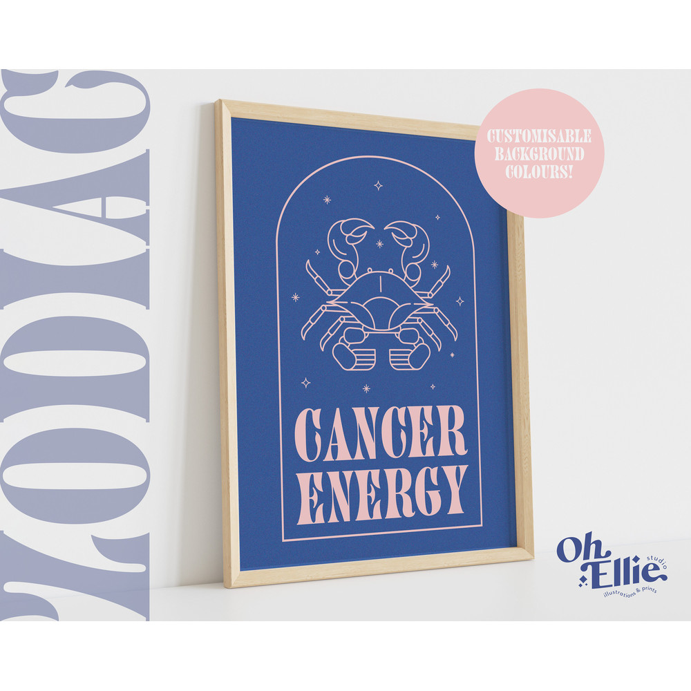 Cancer Energy Zodiac Art Print, Astrology Poster, Zodiac Star Sign Wall Art, Typographic Print, Retro Illustration, Birthday Gift, Horoscope.jpg