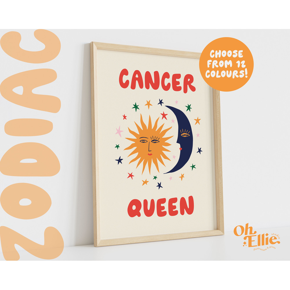 Cancer Queen King, Zodiac Art Print, Astrology Poster, Star Sign Wall Art, Typographic Print, Retro Illustration, Cancer Energy, Horoscope 1.jpg