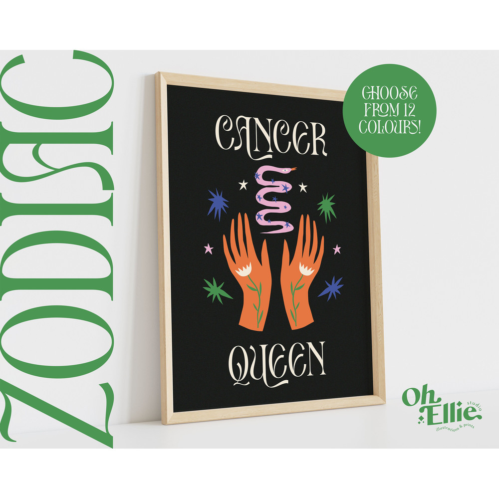 Cancer Queen King, Zodiac Art Print, Astrology Poster, Star Sign Wall Art, Typographic Print, Retro Illustration, Cancer Energy, Horoscope.jpg
