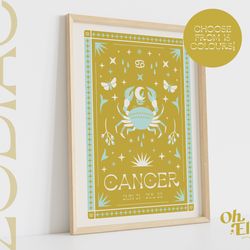 cancer tarot card style zodiac print, astrology poster, star sign wall art, typographic print, retro illustration, birth