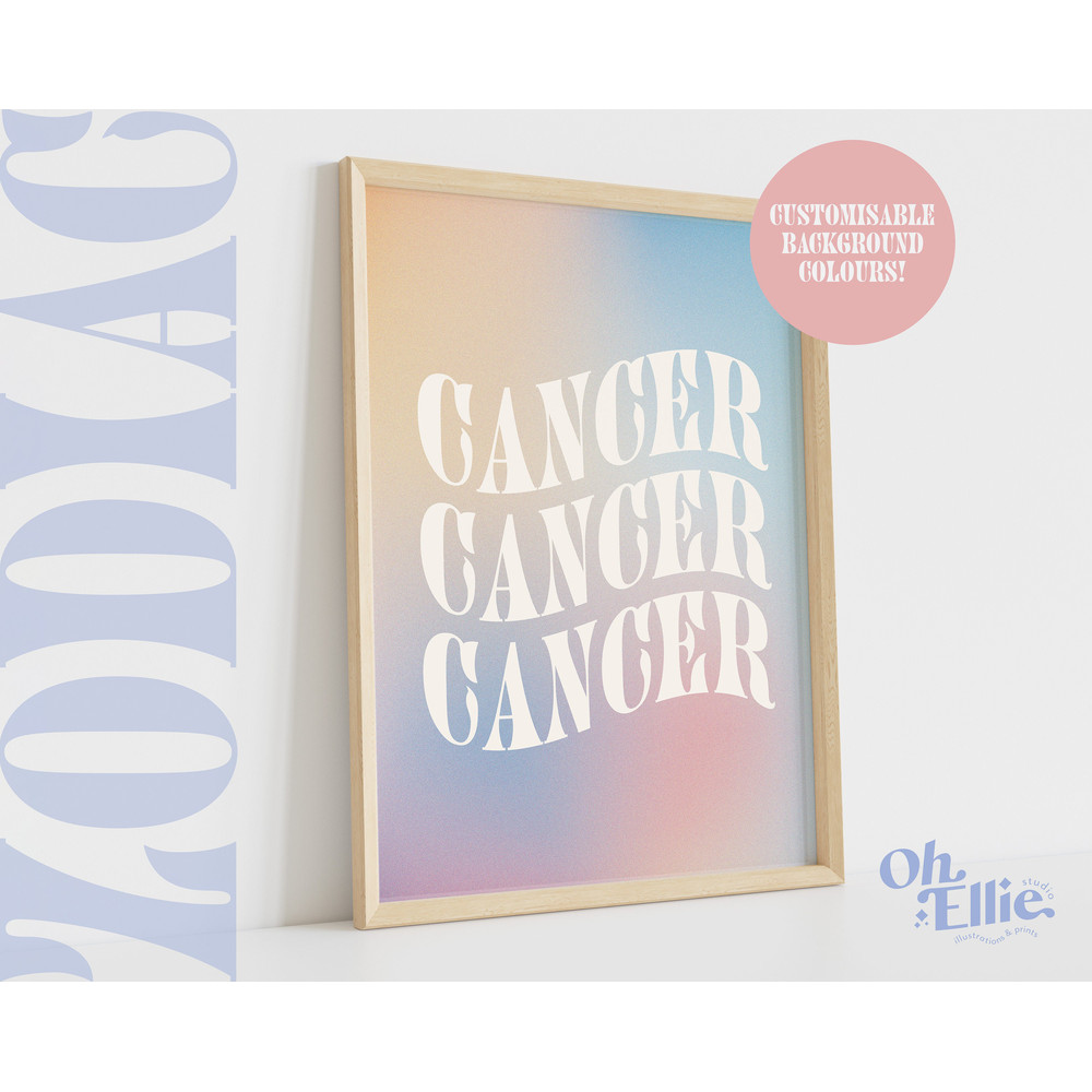 Cancer Zodiac Art Print, Astrology Poster, Zodiac Star Sign Wall Art, Typographic Print, Retro Illustration, Birthday Gift, Horoscope Decor.jpg