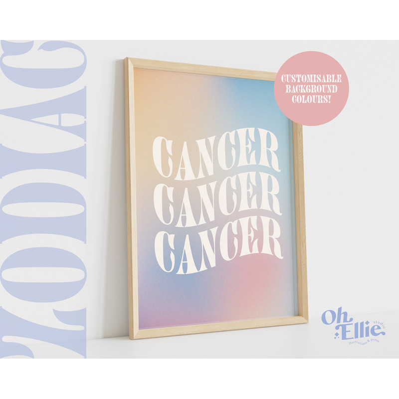 Cancer Zodiac Art Print, Astrology Poster, Zodiac Star Sign Wall Art, Typographic Print, Retro Illustration, Birthday Gift, Horoscope Decor.jpg