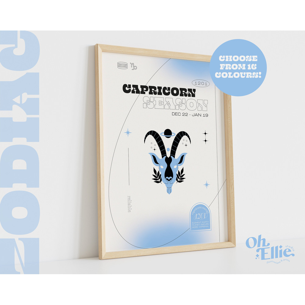 Capricorn Season Zodiac Art Print, Astrology Poster, Star Sign Wall Art, Typographic Print, Retro Illustration, Birthday Gift, Horoscope.jpg