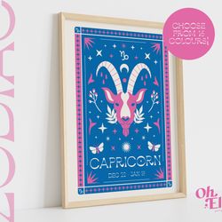 capricorn tarot card style zodiac print, astrology poster, star sign wall art, typographic, retro illustration, birthday