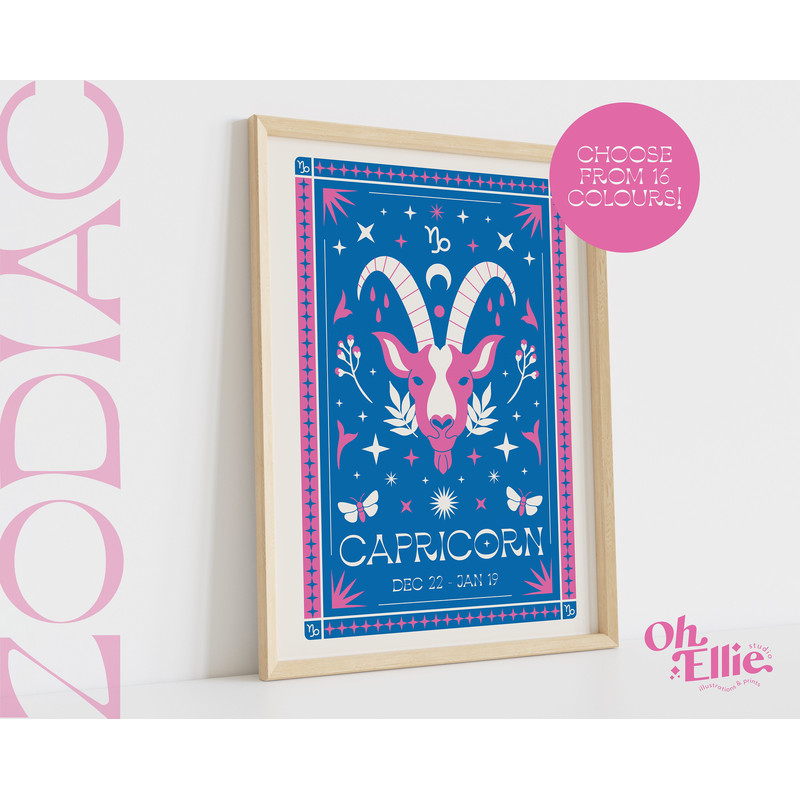 Capricorn Tarot Card Style Zodiac Print, Astrology Poster, Star Sign Wall Art, Typographic, Retro Illustration, Birthday Gift, Horoscope.jpg