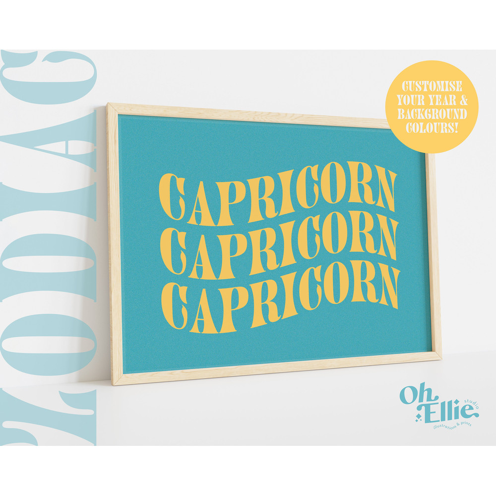 Capricorn Zodiac Art Print, Astrology Poster, Zodiac Star Sign Wall Art, Typographic Print, Retro Illustration, Birthday Gift, Horoscope.jpg