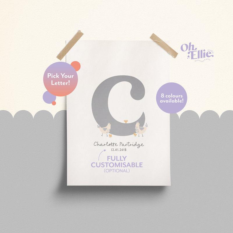 Chickens Initial Baby Nursery Print, Chickens Nursery Decor, Children's Chicken Print, Chicken Illustration, Personalised New Baby Print.jpg