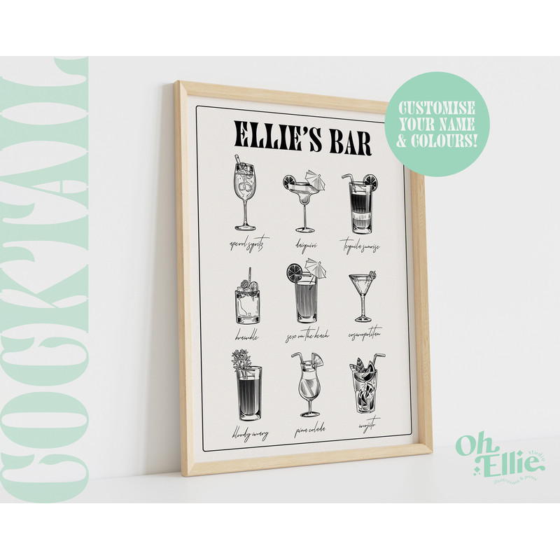 Cocktail Selection Custom Print, Bar Cart Print, Retro Alcohol Illustration, Kitchen Decor, Bar Decor, Drinks Print, Name Personalisation 1.jpg