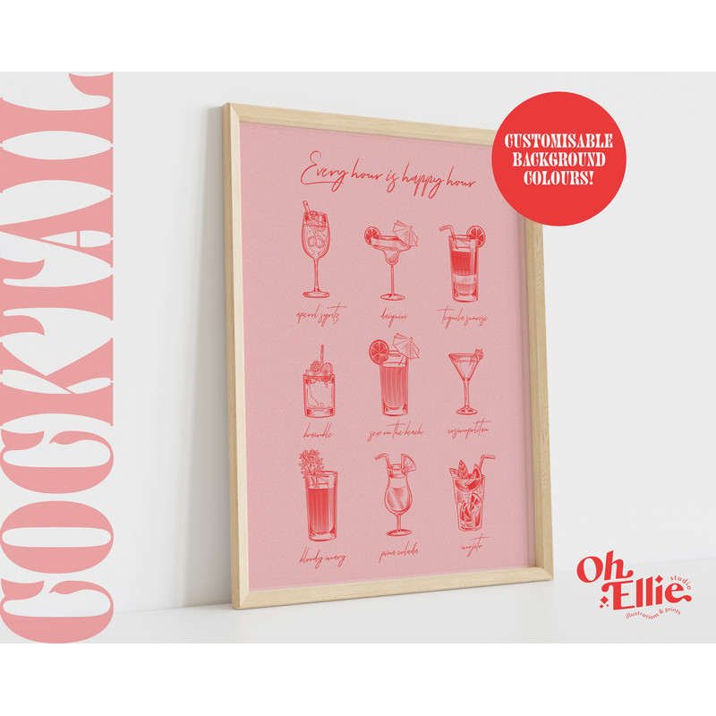 Cocktail Selection Custom Print, Bar Cart Print, Retro Alcohol Illustration, Kitchen Decor, Bar Decor, Drinks Print, Pina Colada, Martini 1.jpg