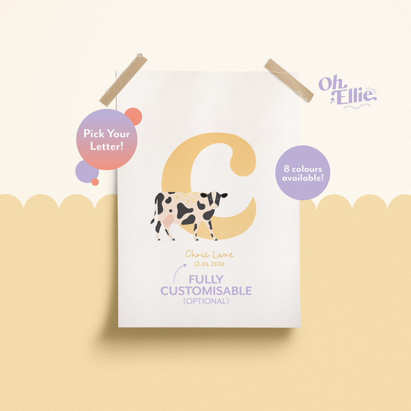 Cow Initial Baby Nursery Print, Cow Nursery Decor, Children's Cow Print, Personalised New Baby Print, Cow Illustration, Baby Name Letter.jpg