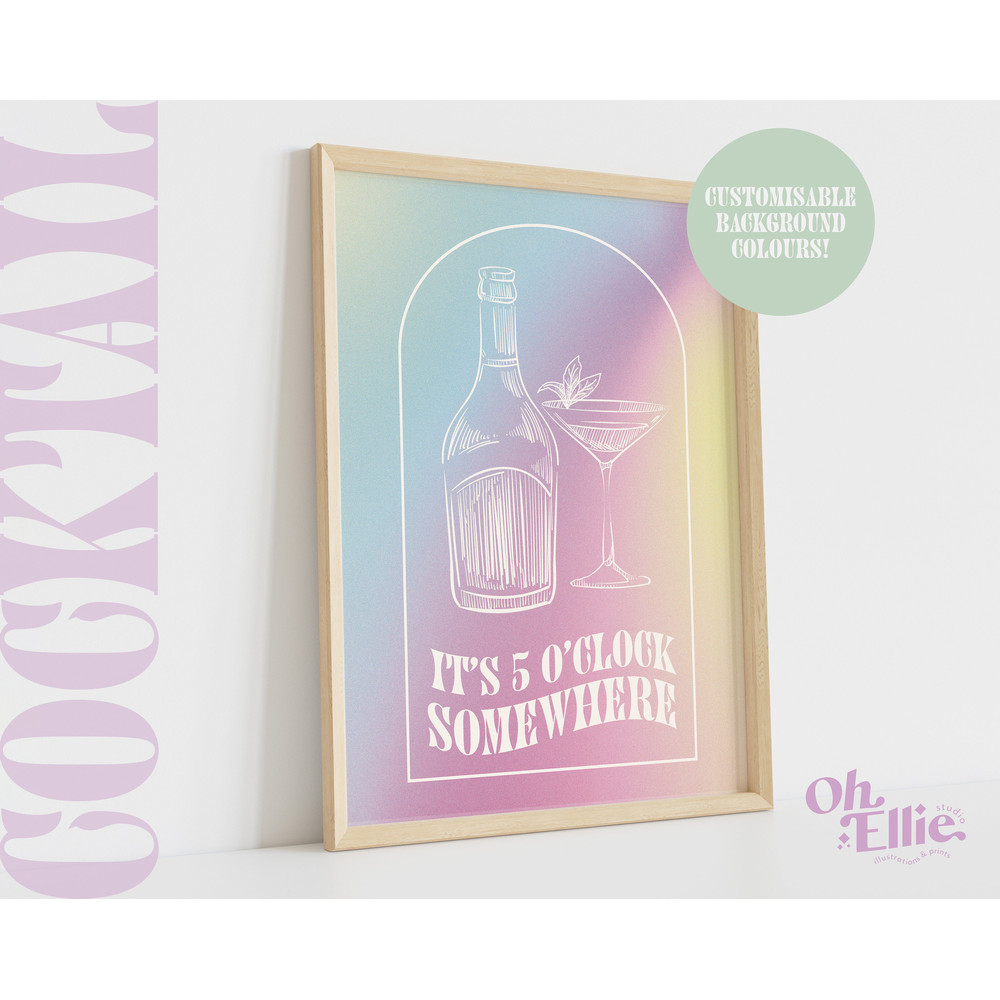 Custom Cocktail Print, It's 5 O Clock Somewhere, Happy Hour, Martini Glass, Retro Illustration, Kitchen Decor, Cocktail Art, Bar Cart Print.jpg