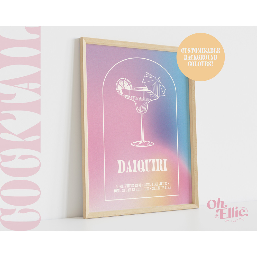 Daiquiri Cocktail, Custom Alcohol Print, Happy Hour, Bar Cart Print, Retro Illustration, Kitchen Decor, Cocktail Art, Drinks Print,.jpg