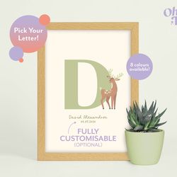 deer initial baby nursery print, deer nursery decor, children's deer print, personalised new baby print, deer illustrati