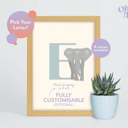 elephant initial baby nursery print, elephant nursery decor, children's elephant print, elephant illustration, baby name