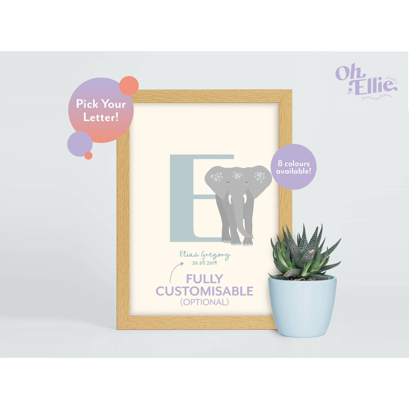 Elephant Initial Baby Nursery Print, Elephant Nursery Decor, Children's Elephant Print, Elephant Illustration, Baby Name Letter, New Baby.jpg