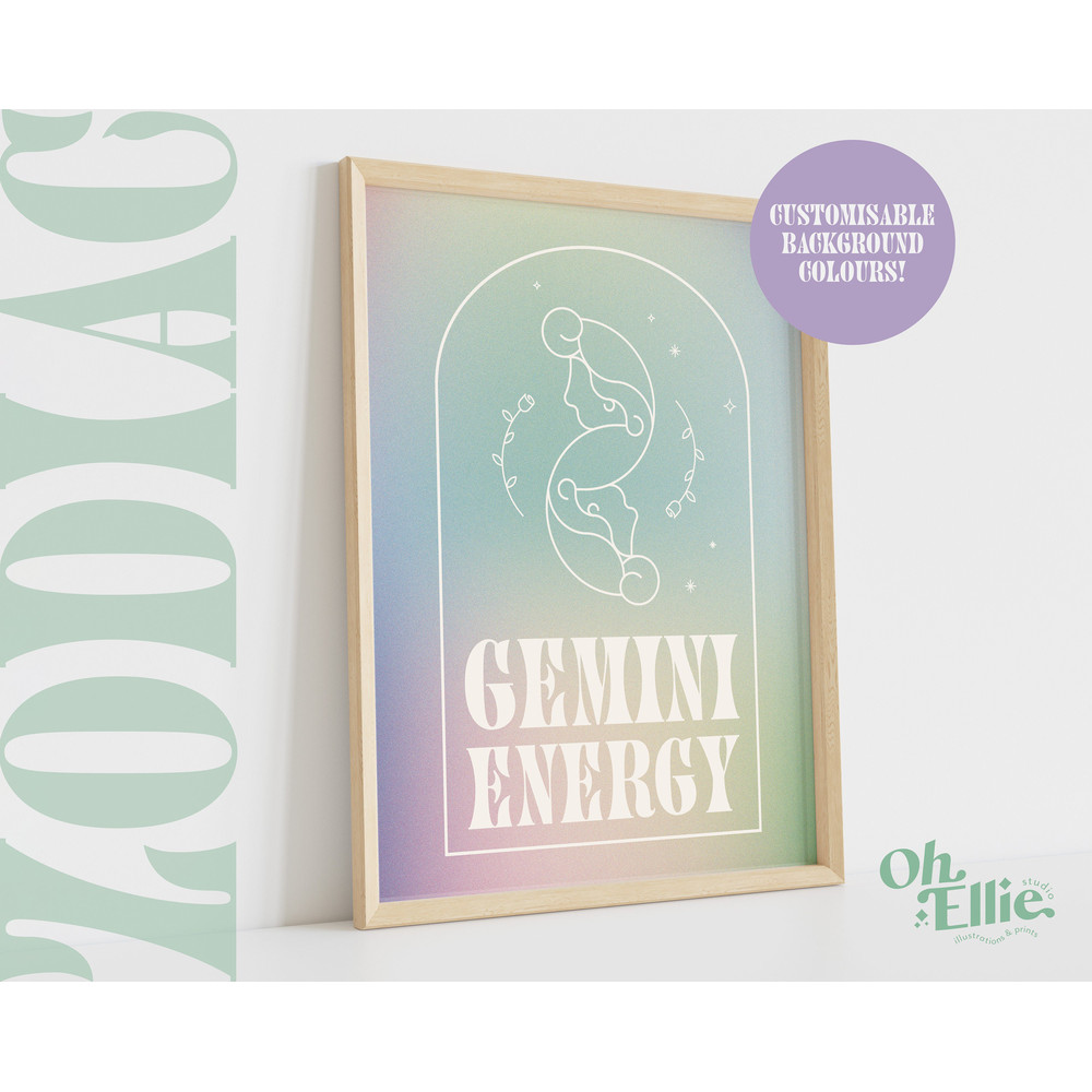 Gemini Energy Zodiac Art Print, Astrology Poster, Zodiac Star Sign Wall Art, Typographic Print, Retro Illustration, Birthday Gift, Horoscope.jpg
