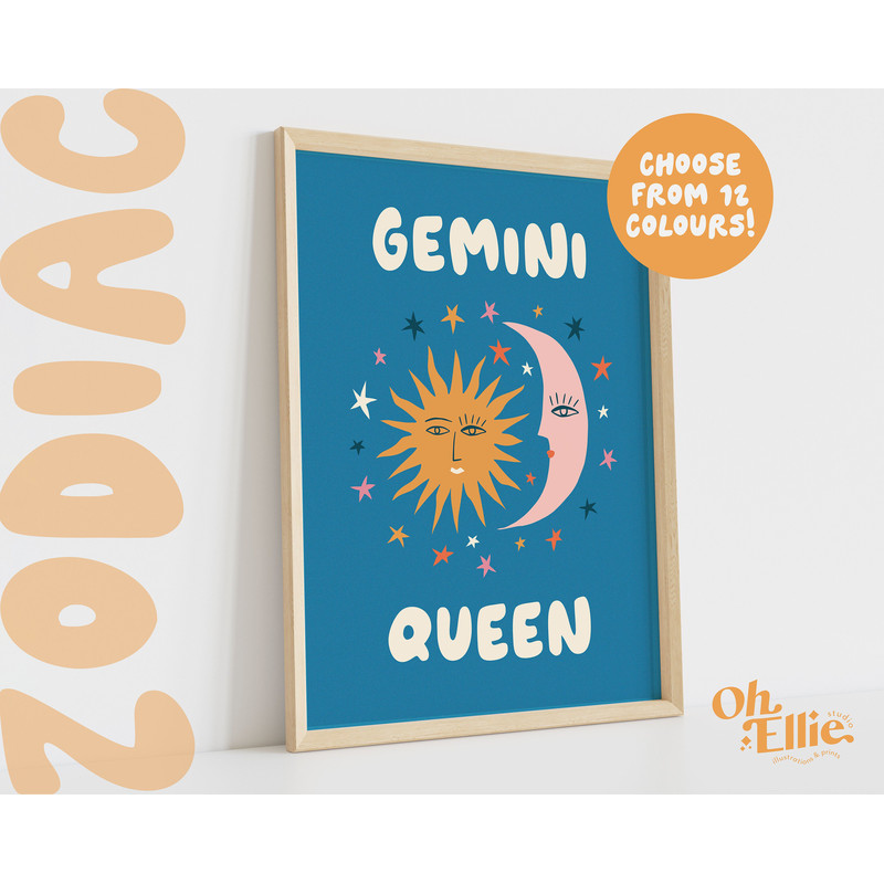 Gemini Queen King, Zodiac Art Print, Astrology Poster, Star Sign Wall Art, Typographic Print, Retro Illustration, Gemini Energy, Horoscope 1.jpg