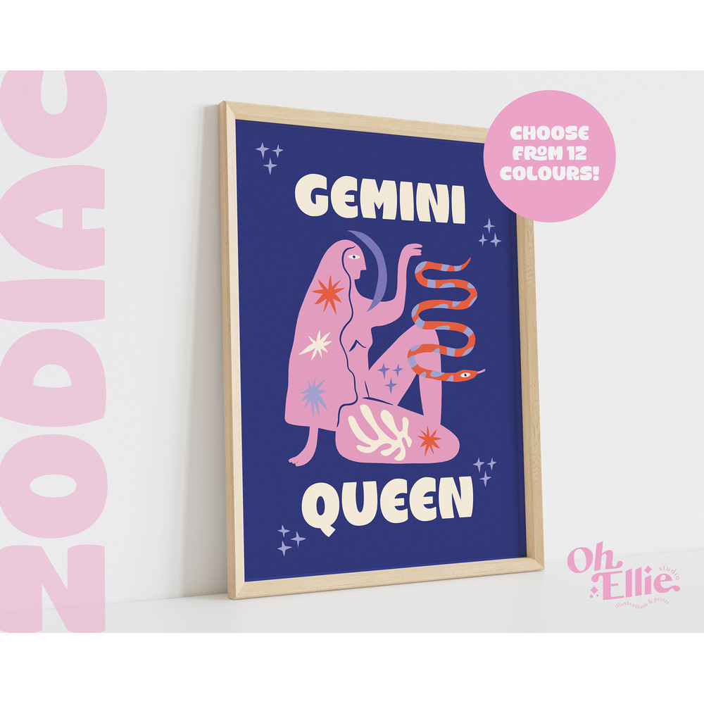 Gemini Queen King, Zodiac Art Print, Astrology Poster, Star Sign Wall Art, Typographic Print, Retro Illustration, Gemini Energy, Horoscope 2.jpg