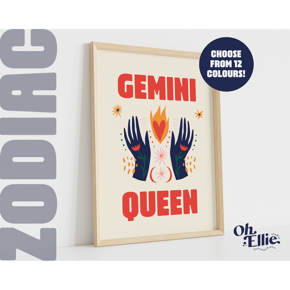Gemini Queen King, Zodiac Art Print, Astrology Poster, Star Sign Wall Art, Typographic Print, Retro Illustration, Gemini Energy, Horoscope 3.jpg