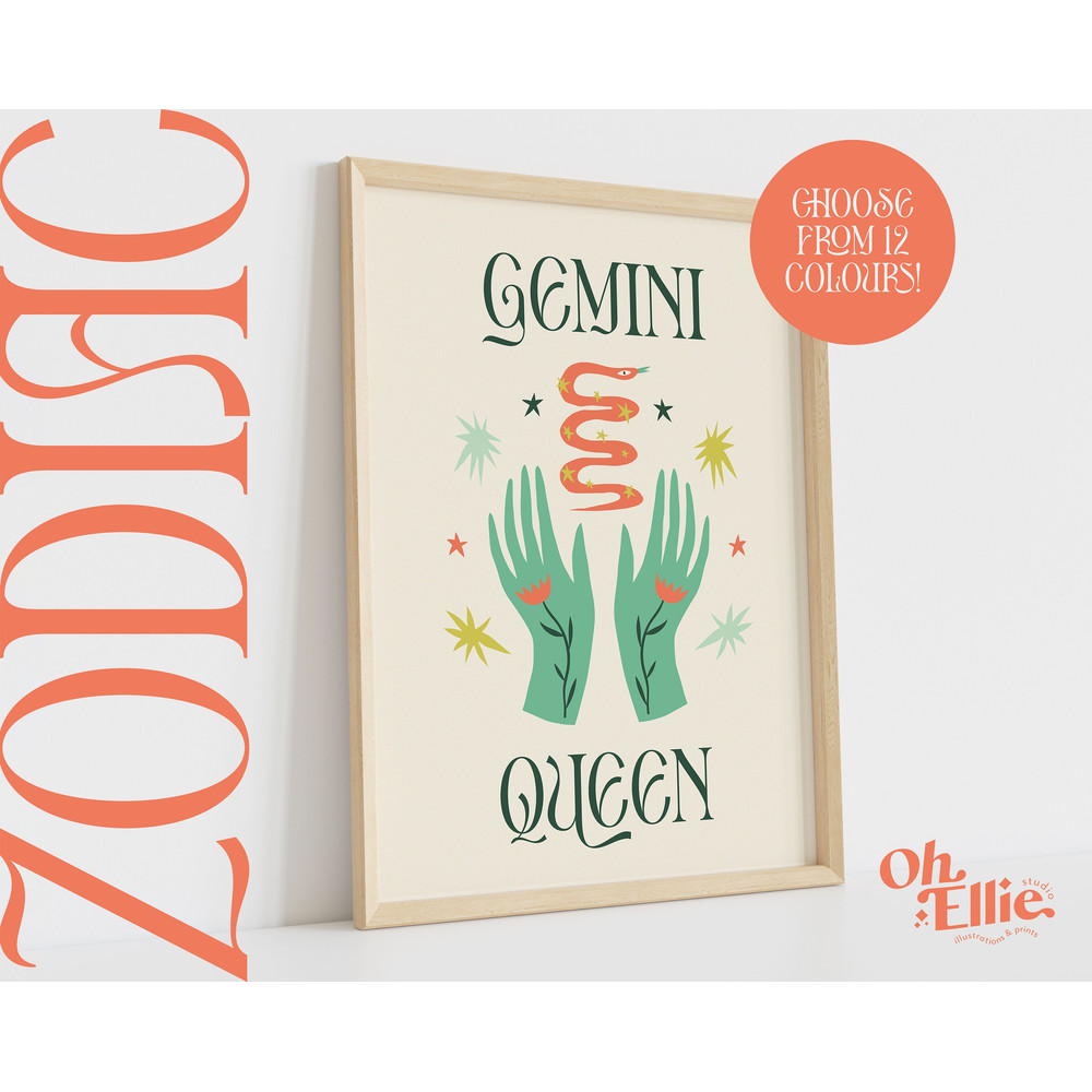 Gemini Queen King, Zodiac Art Print, Astrology Poster, Star Sign Wall Art, Typographic Print, Retro Illustration, Gemini Energy, Horoscope.jpg
