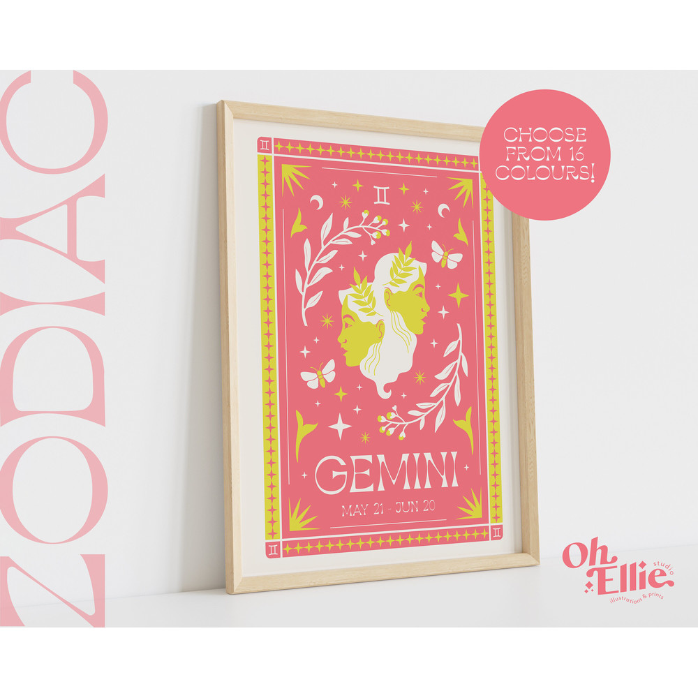 Gemini Tarot Card Style Zodiac Print, Astrology Poster, Star Sign Wall Art, Typographic Print, Retro Illustration, Birthday Gift, Horoscope.jpg