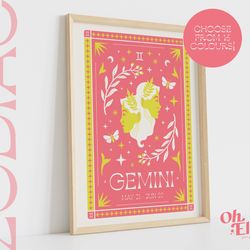 gemini tarot card style zodiac print, astrology poster, star sign wall art, typographic print, retro illustration, birth