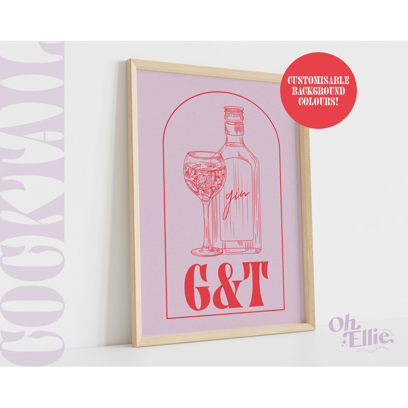 Gin and Tonic, G&T, Custom Alcohol Print, Happy Hour, Bar Cart Print, Retro Illustration, Kitchen Decor, Cocktail Art, Drinks Print 1.jpg