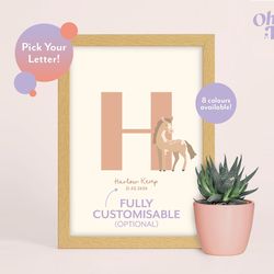 horse initial baby nursery print, horse nursery decor, children's horse print, horse illustration, personalised new baby