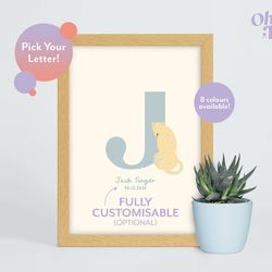 jaguar initial baby nursery print, jaguar nursery decor, cute jaguar children's print, jaguar illustration, personalised