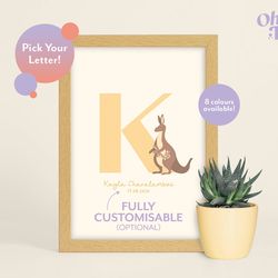 kangaroo initial baby nursery print, kangaroo nursery decor, kangaroo children's print, kangaroo illustration, baby name