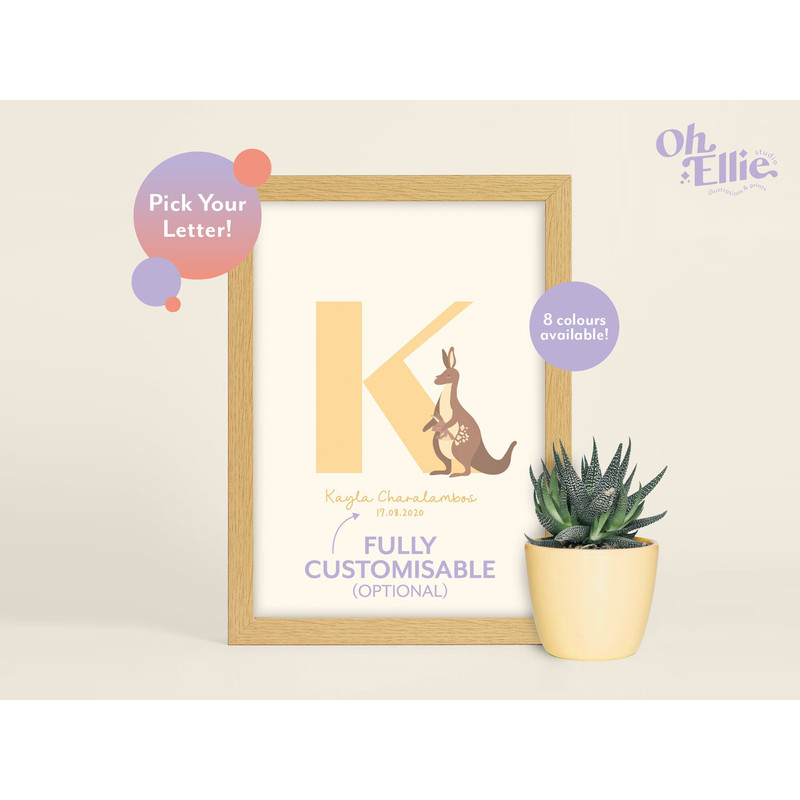 Kangaroo Initial Baby Nursery Print, Kangaroo Nursery Decor, Kangaroo Children's Print, Kangaroo Illustration, Baby Name Letter, Kids Letter.jpg