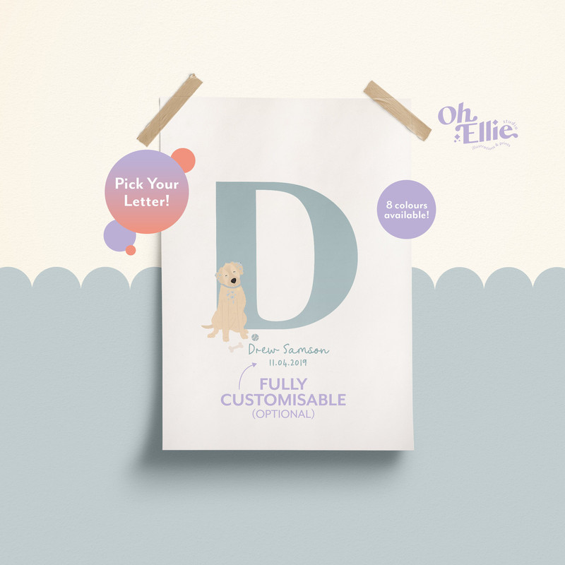 Labrador Initial Baby Nursery Print, Labrador Nursery Decor, Children's Dog Print, Labrador Illustration, Personalised New Baby Print.jpg