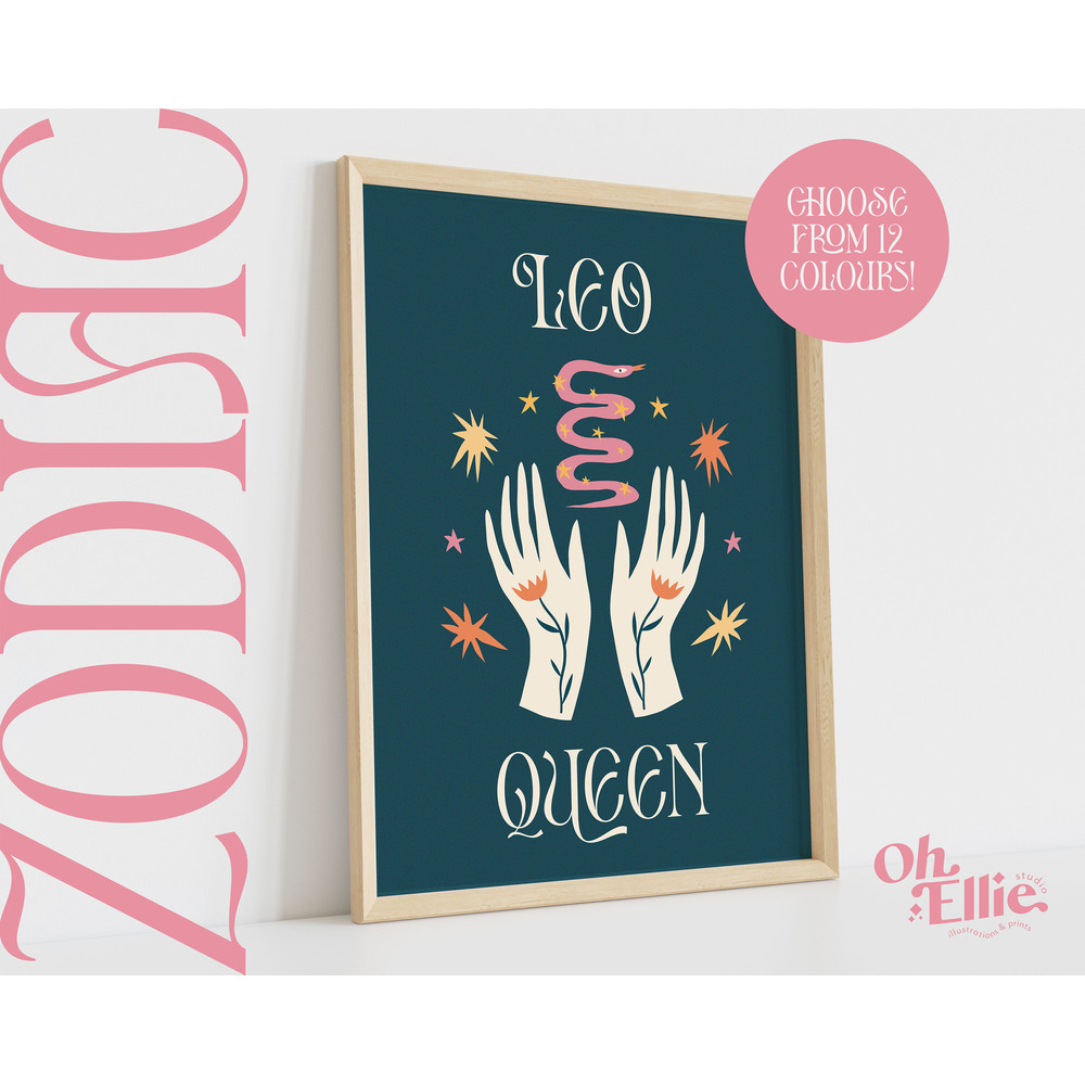 Leo Queen King, Zodiac Art Print, Astrology Poster, Star Sign Wall Art, Typographic Print, Retro Illustration, Leo Energy, Horoscope Season 1.jpg