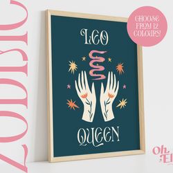 leo queen king, zodiac art print, astrology poster, star sign wall art, typographic print, retro illustration, leo energ