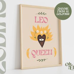 leo queen king, zodiac art print, astrology poster, star sign wall art, typographic print, retro illustration, leo energ