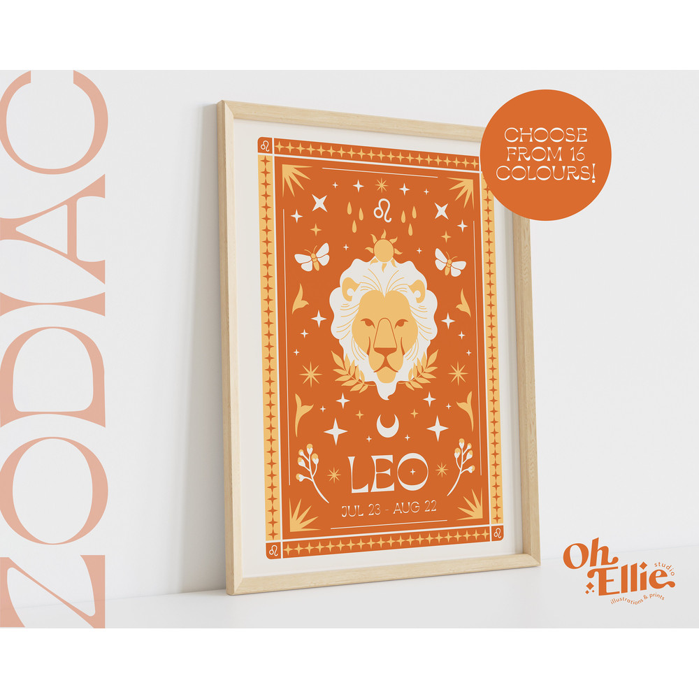 Leo Tarot Card Style Zodiac Print, Astrology Poster, Star Sign Wall Art, Typographic Print, Retro Illustration, Birthday Gift, Horoscope.jpg