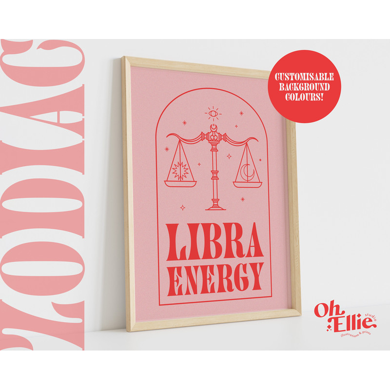 Libra Energy Zodiac Art Print, Astrology Poster, Zodiac Star Sign Wall Art, Typographic Print, Retro Illustration, Birthday Gift, Horoscope.jpg