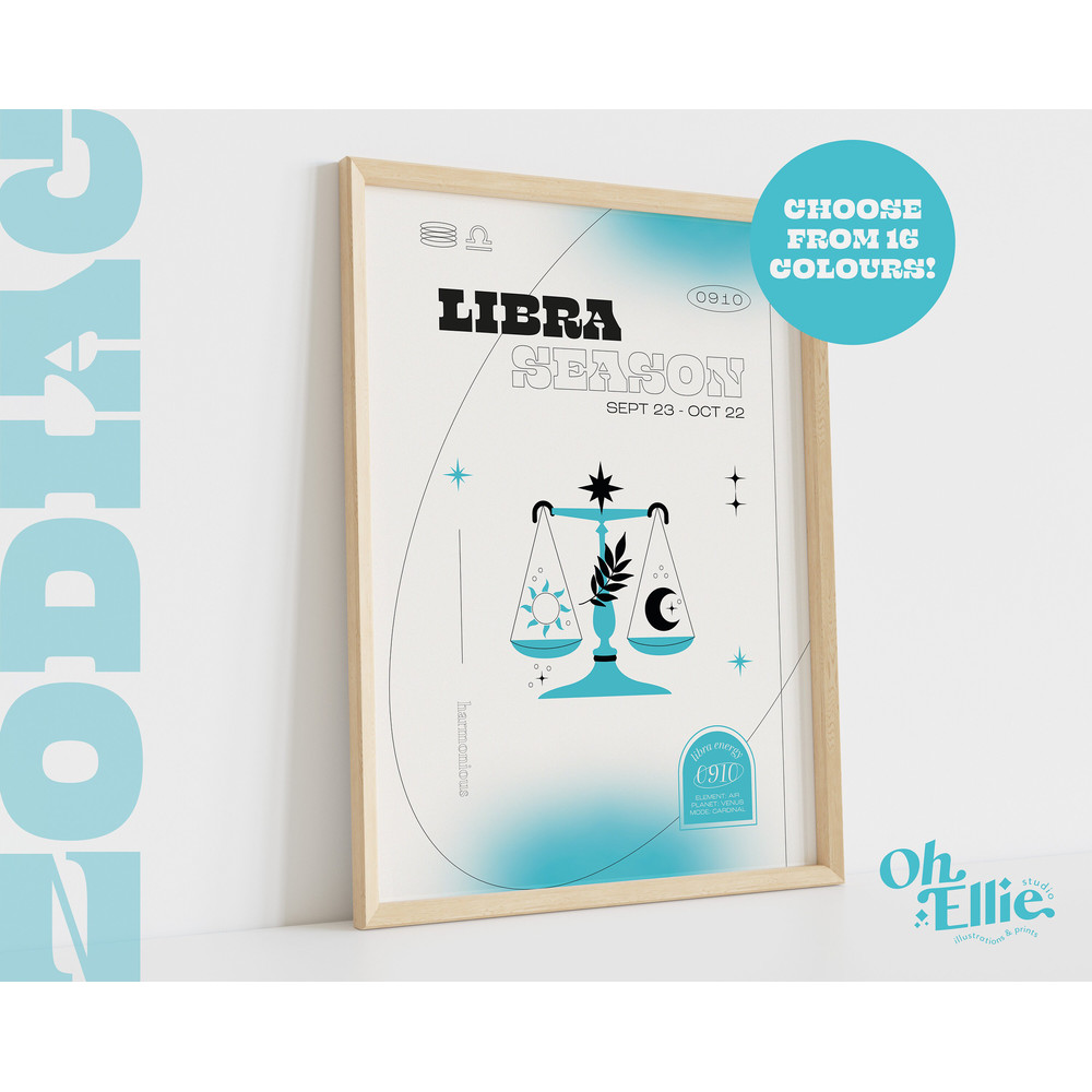 Libra Season Zodiac Art Print, Astrology Poster, Zodiac Star Sign Wall Art, Typographic Print, Retro Illustration, Birthday Gift, Horoscope.jpg