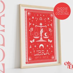 libra tarot card style zodiac print, astrology poster, star sign wall art, typographic print, retro illustration, birthd