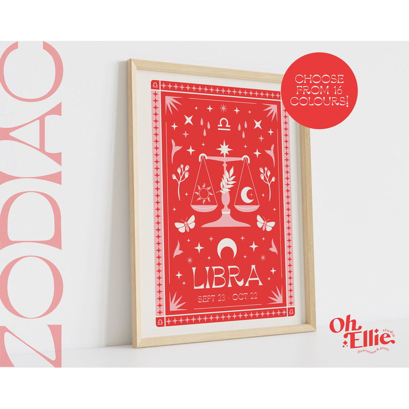 Libra Tarot Card Style Zodiac Print, Astrology Poster, Star Sign Wall Art, Typographic Print, Retro Illustration, Birthday Gift, Horoscope.jpg