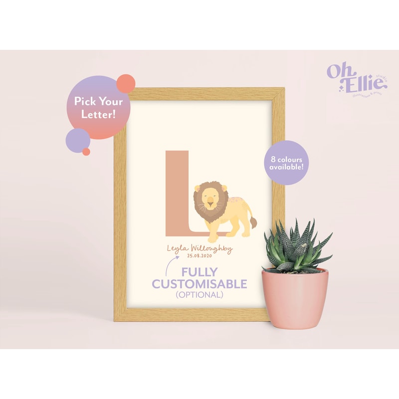 Lion Initial Baby Nursery Print, Lion Nursery Decor, Lion Children's Print, Lion Illustration, Personalised New Baby Print, Baby Name Letter.jpg