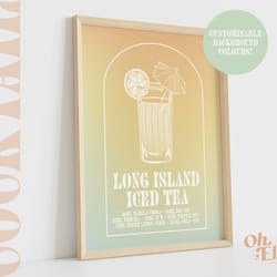 long island iced tea cocktail, custom alcohol print, happy hour, bar cart print, retro illustration, kitchen decor, bar