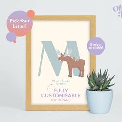 moose initial baby nursery print, moose nursery decor, moose children's print, moose illustration, personalised new baby